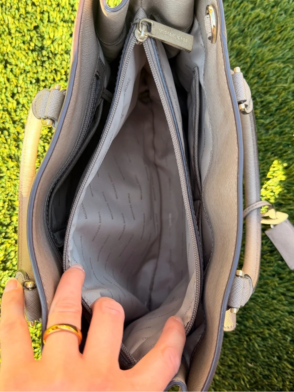 Michael Kors Taupe Saffiano Satchel with Gold Hardware